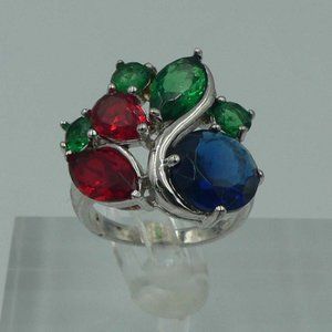 Sz 5 Simulated Blue, Red, Green Diamond Ring NWOT